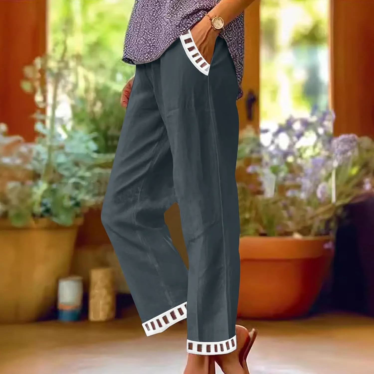 Linen Pants Women Summer Lounge Pant Elastic High Waist Pants Casual Lightweight Capris Trouser Straight Leg Slacks