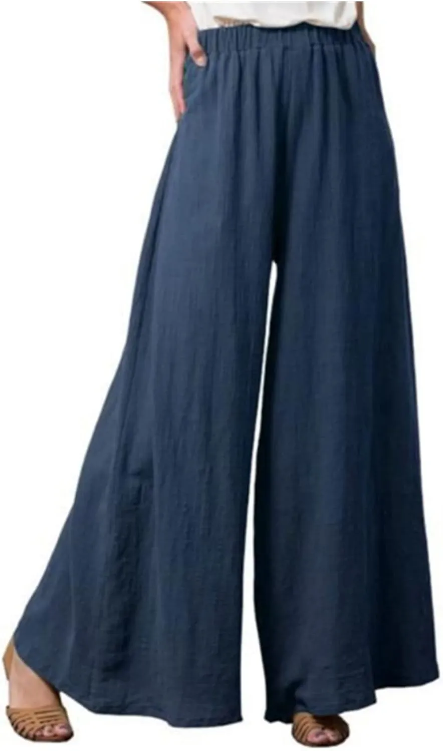 Linen Wide Leg Pants for Women Casual Summer Elastic High Waisted Flowy Beach Pants Loose Lounge Trousers Plus Size