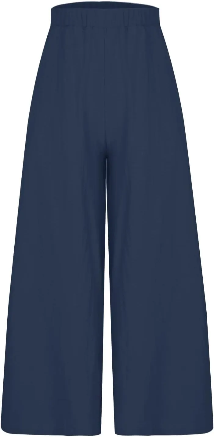 Linen Wide Leg Pants for Women Casual Summer Elastic High Waisted Flowy Beach Pants Loose Lounge Trousers Plus Size