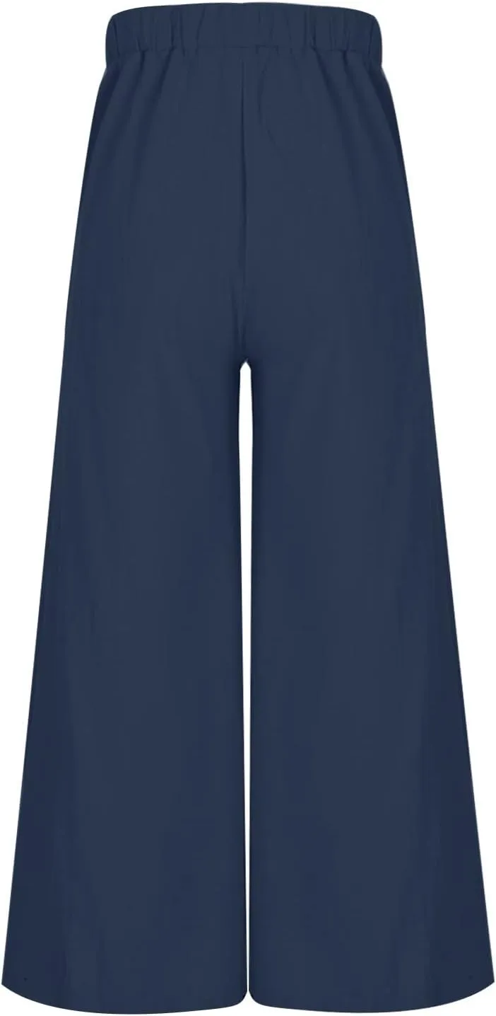 Linen Wide Leg Pants for Women Casual Summer Elastic High Waisted Flowy Beach Pants Loose Lounge Trousers Plus Size