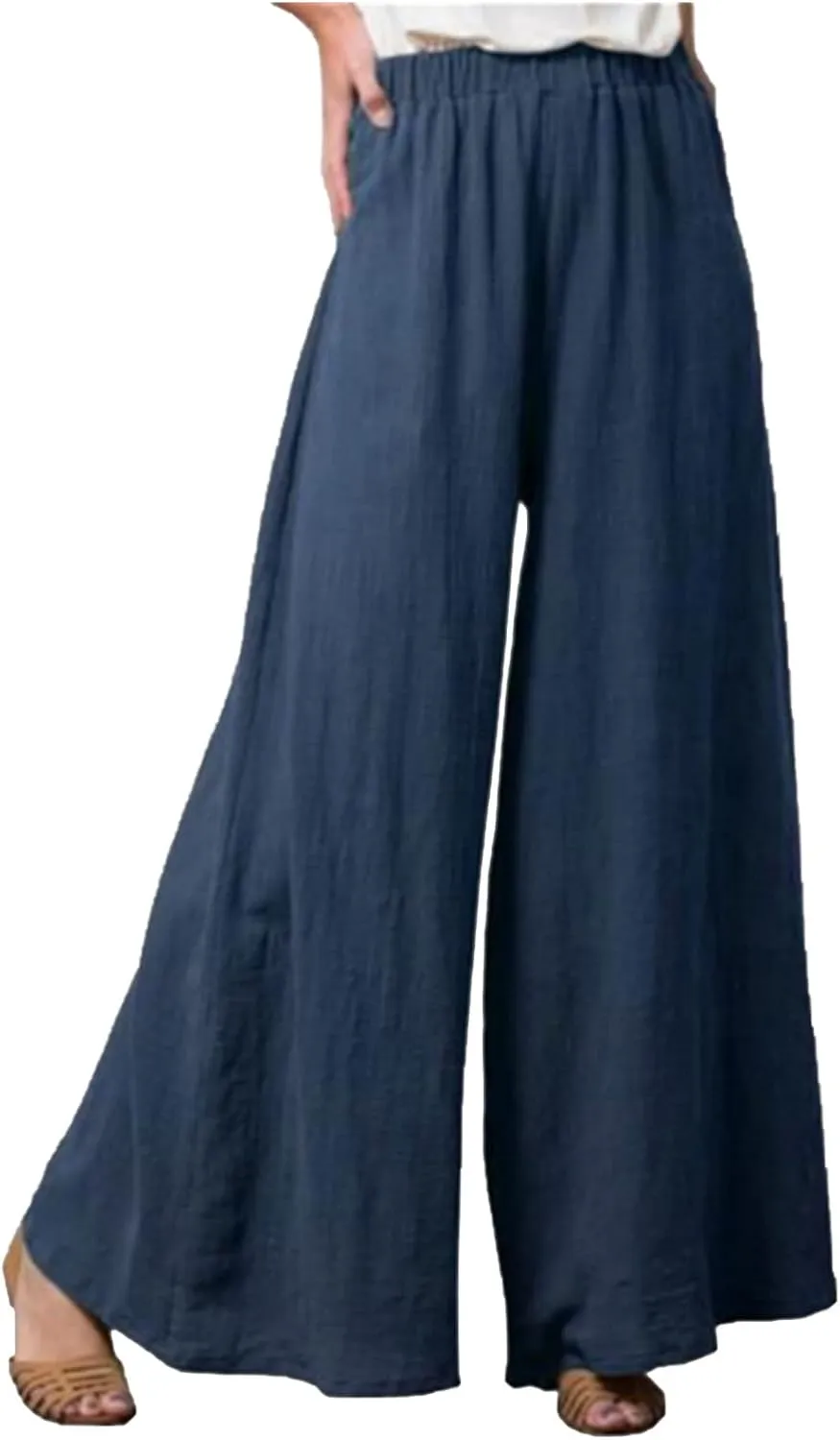 Linen Wide Leg Pants for Women Casual Summer Elastic High Waisted Flowy Beach Pants Loose Lounge Trousers Plus Size