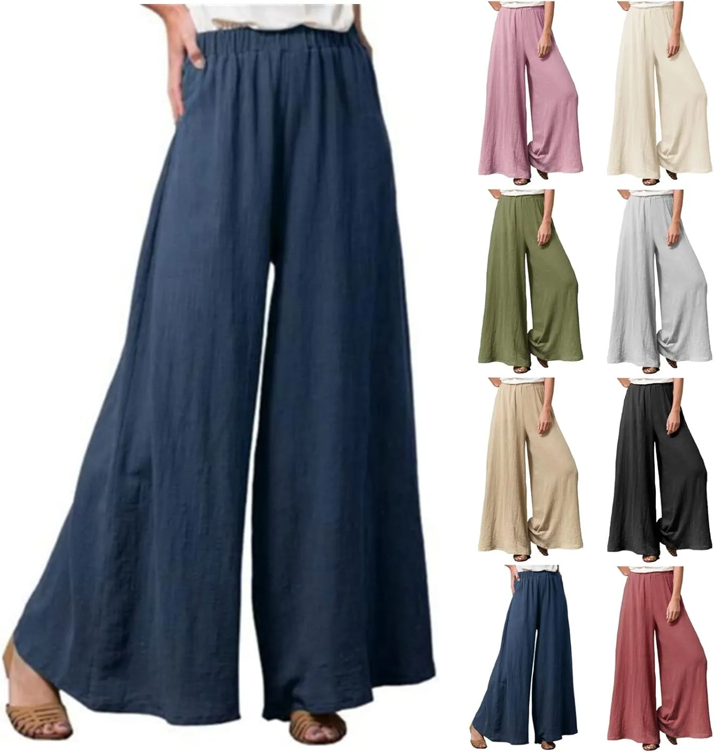 Linen Wide Leg Pants for Women Casual Summer Elastic High Waisted Flowy Beach Pants Loose Lounge Trousers Plus Size