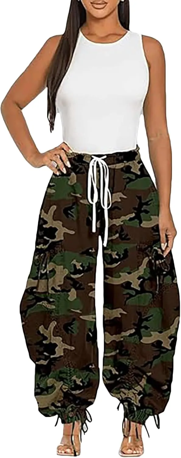 LROSEY Women's Baggy Cargo Barrel Jeans Wide Leg Denim Drawstrings Bow Tie High Waisted Harem Pants Joggers