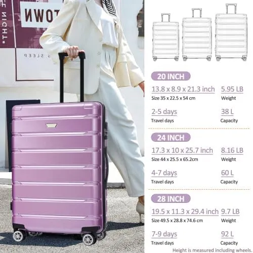 Luggage Sets 3 Piece, Hardshell Suitcases with Wheels, Modern New Durable ABS PC Travel Suitcase with Spinner Wheels, Travel Luggage for Men and Women (Purple)