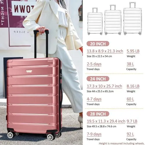 Luggage Sets 3 Piece, Hardshell Suitcases with Wheels, Modern New Durable ABS PC Travel Suitcase with Spinner Wheels, Travel Luggage for Men and Women (Rose Gold i)