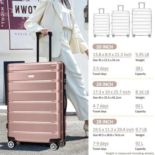 Luggage Sets 3 Piece, Hardshell Suitcases with Wheels, Modern New Durable ABS PC Travel Suitcase with Spinner Wheels, Travel Luggage for Men and Women (Rose Gold)