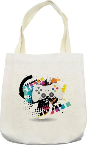 Lunarable Gamer Tote Bag, Modern Console Game Controller with Halftone Motif and Color Splashes Background, Cloth Linen Reusable Bag for Shopping Books Beach and More, 16.5" X 14", Cream