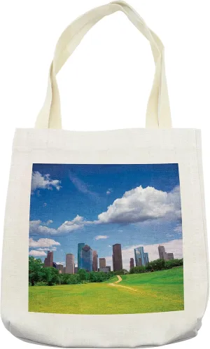 Lunarable USA Tote Bag, Houston Texas Modern City Skyscrapers Buildings Clouds Sky View from Park Lawn, Cloth Linen Reusable Bag for Shopping Books Beach and More, 16.5" X 14", Cream