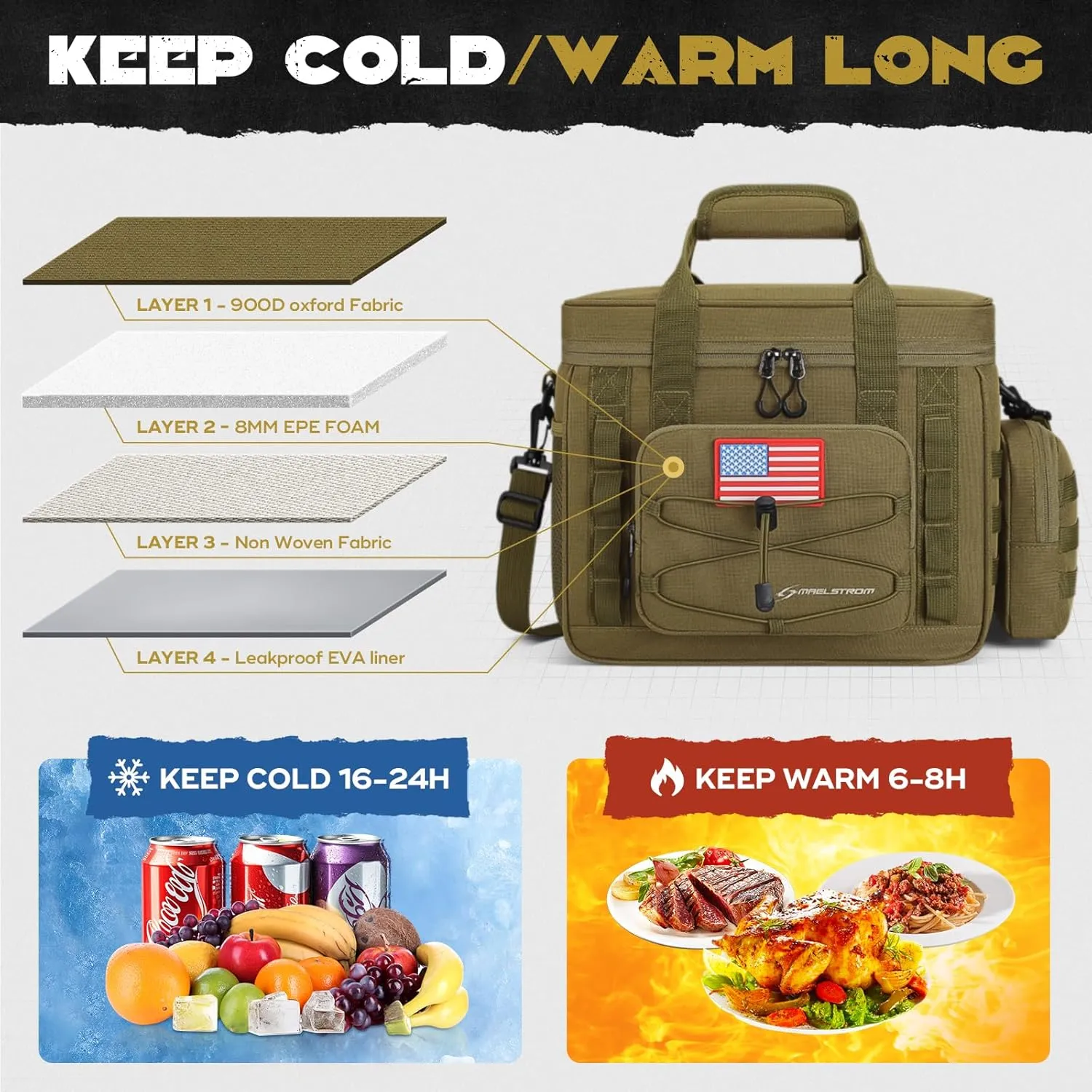 Maelstrom Tactical Lunch Box, Insulated Lunch Bag for Men, Large Durable Leakproof Cooler Bag with Detachable MOLLE Bags, Modern Lunch Tote for Adult Women Work,Picnic,20 Cans/15 L, Khaki