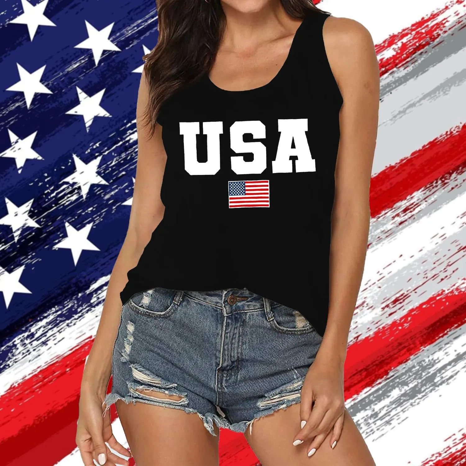 MAIHUN American Flag Tank Tops for Women 4th of July Vest Patriotic Shirt USA Flag Stars Stripes Sleeveless