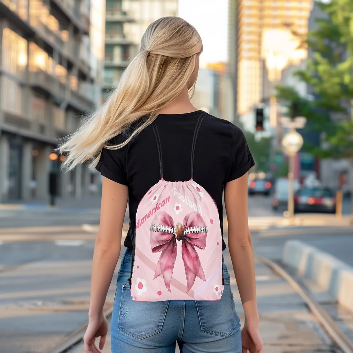 Manfei American Football Drawstring Backpack Bag,Pink Bow Cute Daisy Flowers String Bag Sackpack,Modern Geometry Court Water Resistant Backpack for Gym Shopping Sport Yoga