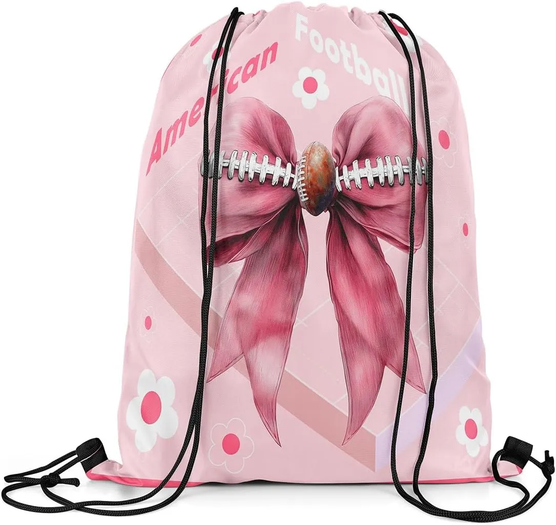 Manfei American Football Drawstring Backpack Bag,Pink Bow Cute Daisy Flowers String Bag Sackpack,Modern Geometry Court Water Resistant Backpack for Gym Shopping Sport Yoga