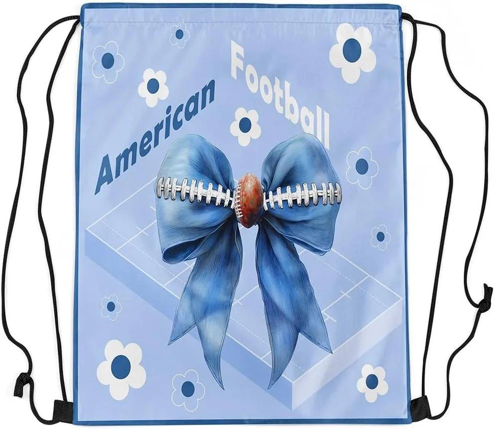 Manfei American Football Drawstring Backpack,Blue Bow Cute Daisy Flowers Waterproof Sports Gym Bag,Modern Geometry Court Large Capacity for Travelling,Swimming,Beach