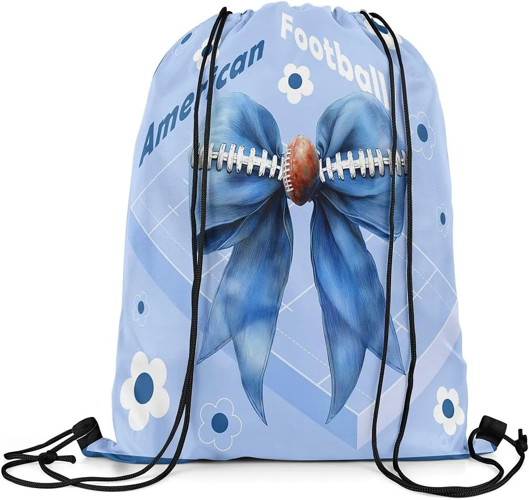 Manfei American Football Drawstring Backpack,Blue Bow Cute Daisy Flowers Waterproof Sports Gym Bag,Modern Geometry Court Large Capacity for Travelling,Swimming,Beach