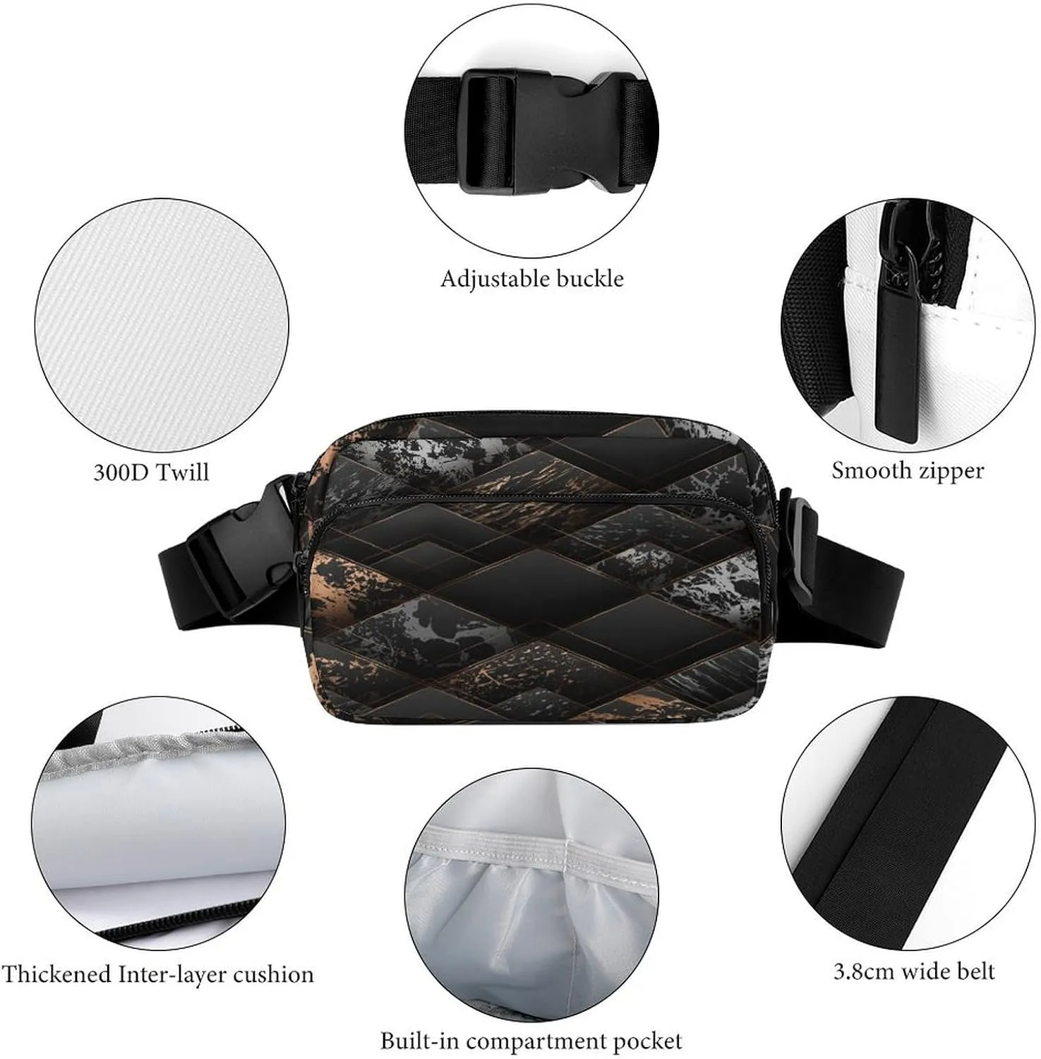 Marble Geometric Black Golden Belt Bag Fanny Pack Crossbody Modern Art Fashion Waist Packs With Adjustable Strap For Men Women Travel Hiking Cycling Running