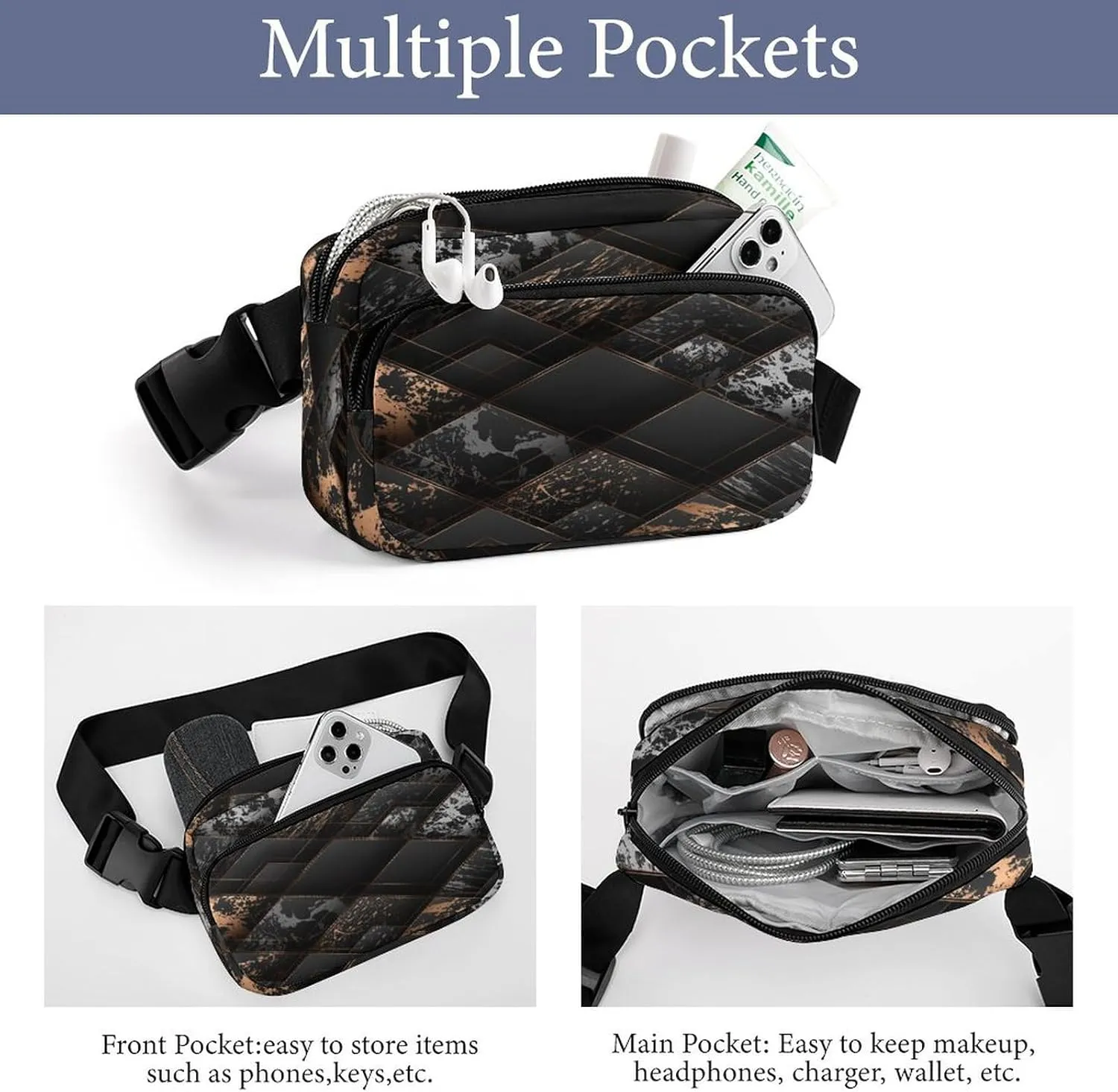 Marble Geometric Black Golden Belt Bag Fanny Pack Crossbody Modern Art Fashion Waist Packs With Adjustable Strap For Men Women Travel Hiking Cycling Running