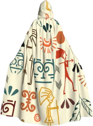 Maya Ancient Seamless Pattern with Unique Print Adults Hooded Cloak Cape for Halloween Cosplay Costumes Black