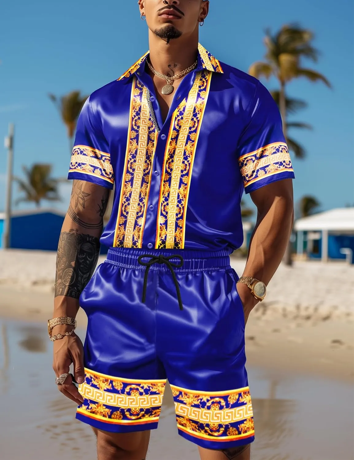 Men Hawaiian Shirt Sets Satin Silk Casual Button Down Shirts 2 Piece Luxury Summer Beach Outfits