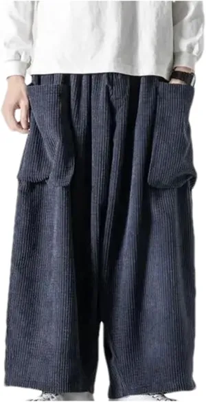 Men's Corduroy Casual Wide Leg Pants Solid Color Loose Elastic Waist Straight Harem Trousers