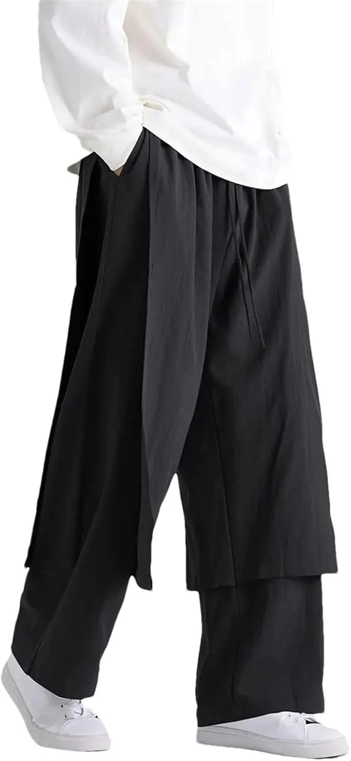 Men's Cotton Linen Drawstring Kung Fu Pants Patchwork Wide Bottom Harem Pants Street Style Culottes
