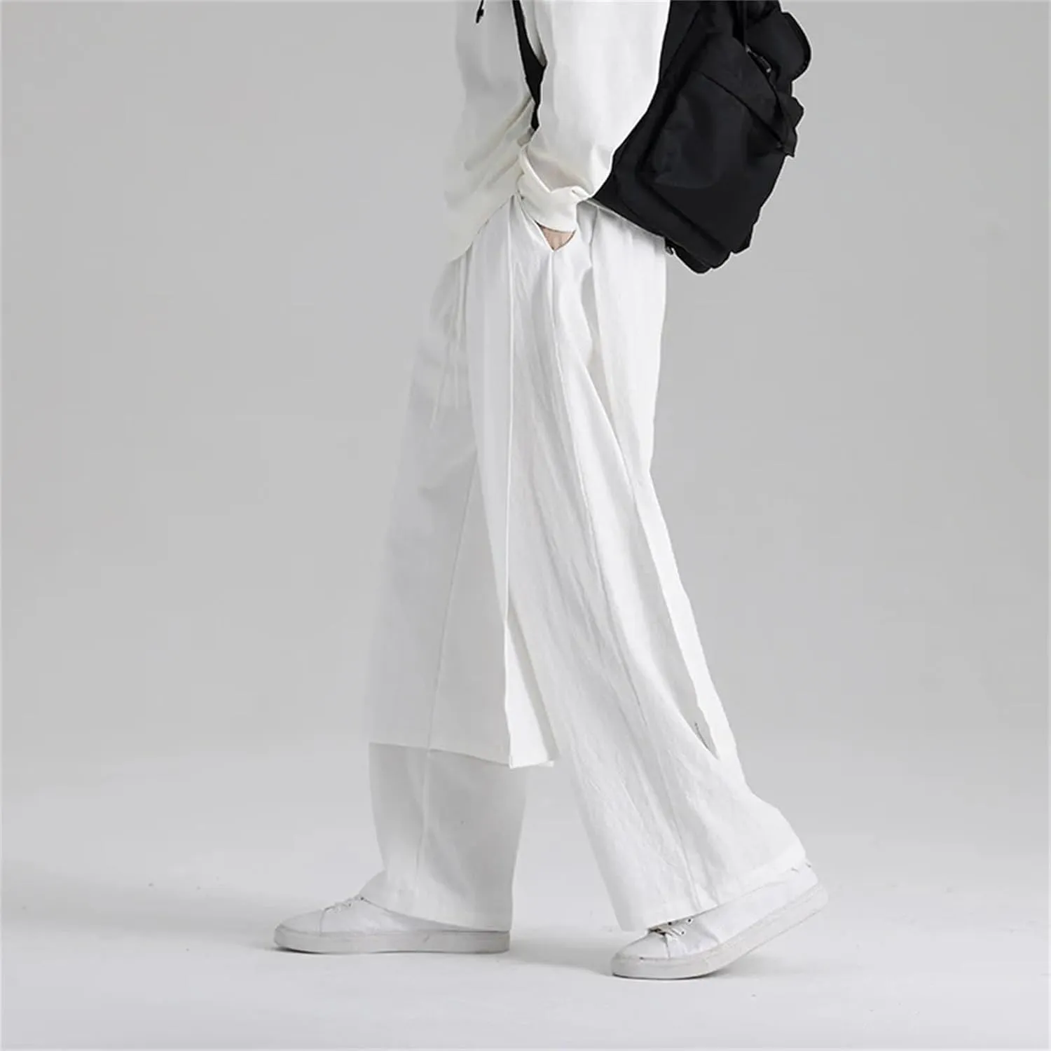 Men's Cotton Linen Drawstring Kung Fu Pants Patchwork Wide Bottom Harem Pants Street Style Culottes