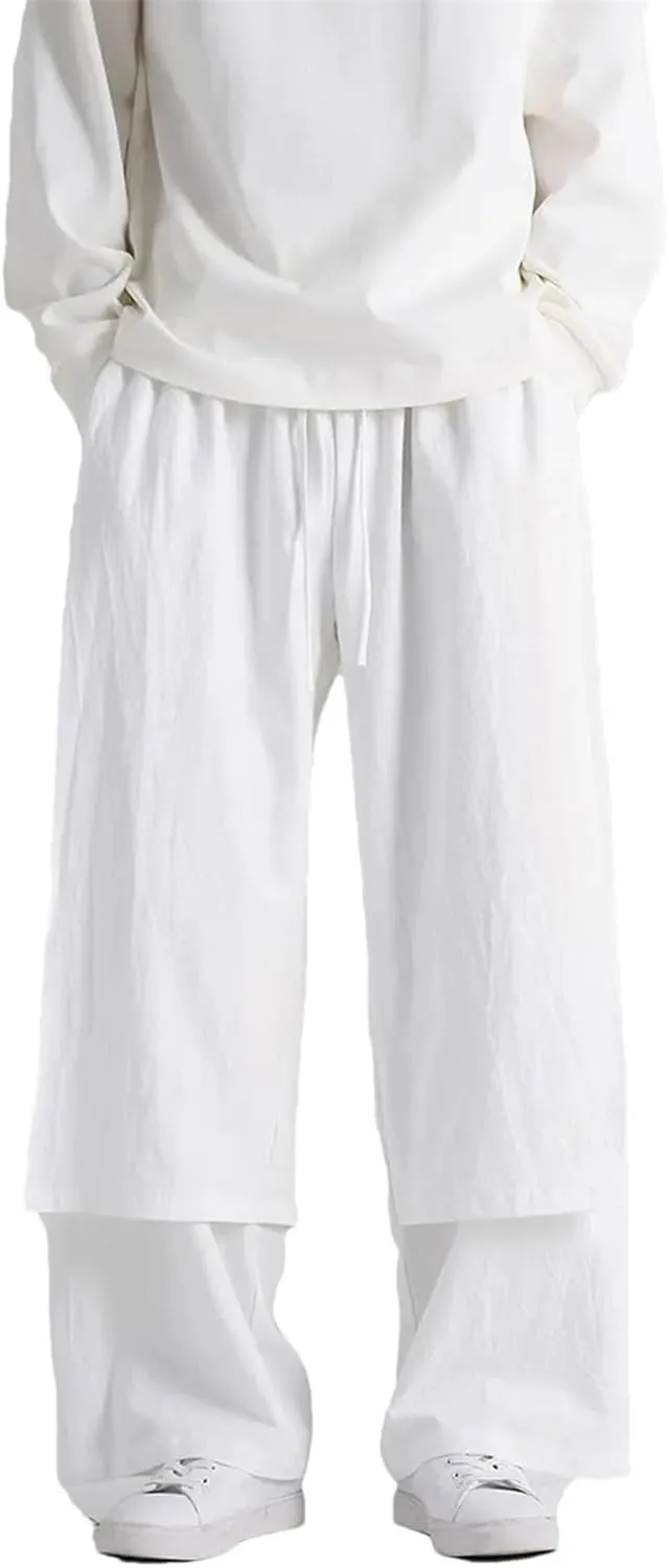Men's Cotton Linen Drawstring Kung Fu Pants Patchwork Wide Bottom Harem Pants Street Style Culottes