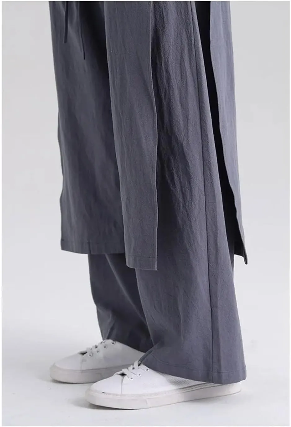 Men's Cotton Linen Drawstring Kung Fu Pants Patchwork Wide Bottom Harem Pants Street Style Culottes
