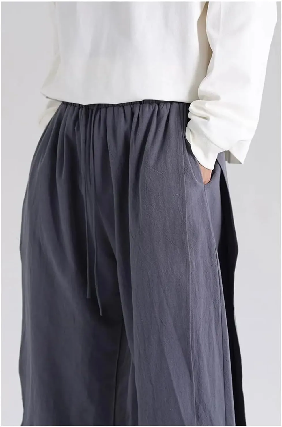 Men's Cotton Linen Drawstring Kung Fu Pants Patchwork Wide Bottom Harem Pants Street Style Culottes