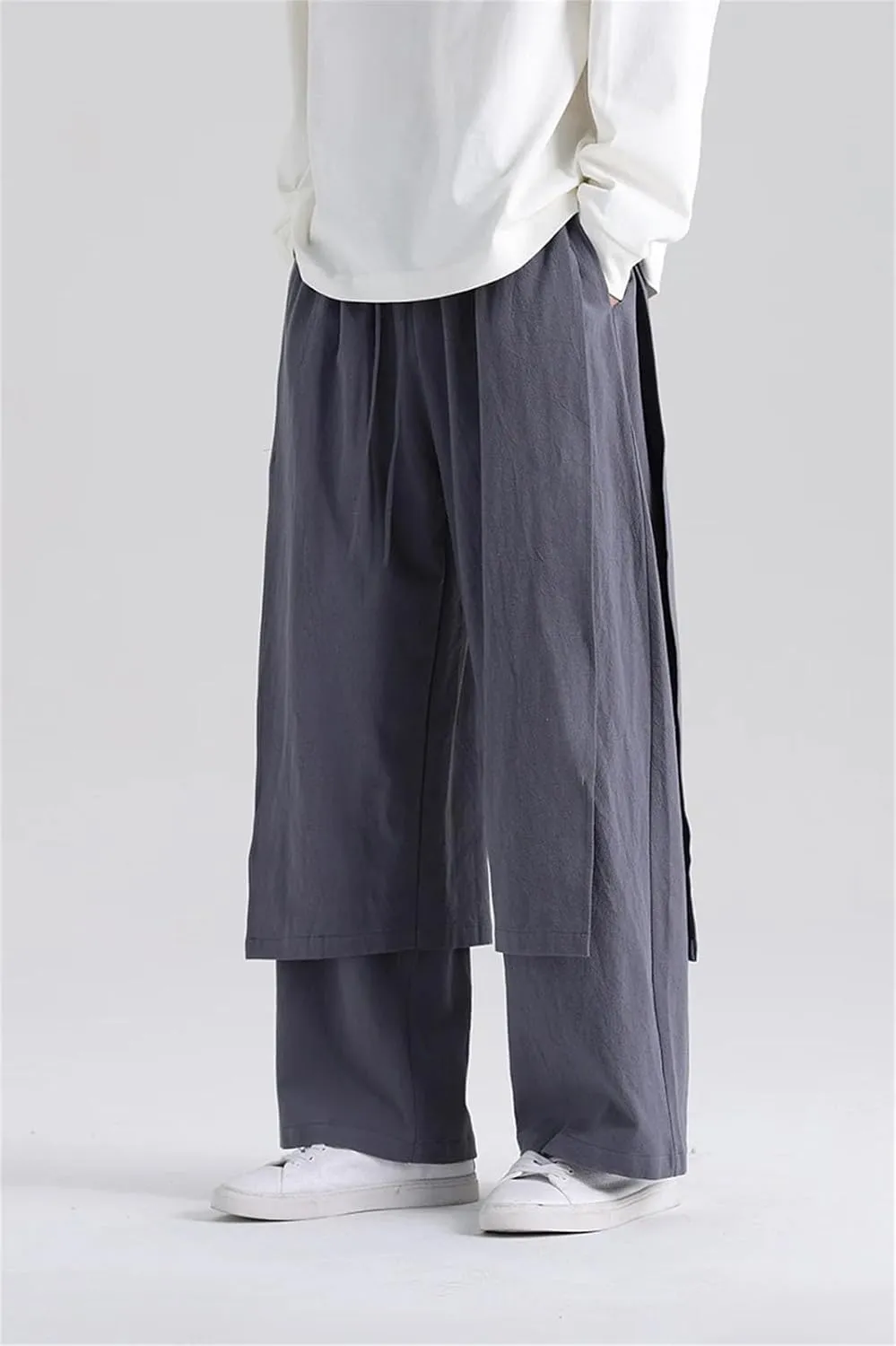 Men's Cotton Linen Drawstring Kung Fu Pants Patchwork Wide Bottom Harem Pants Street Style Culottes