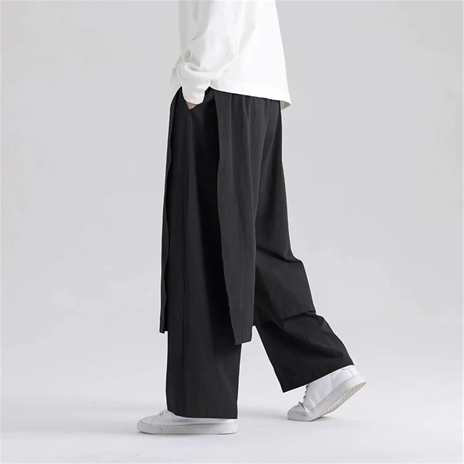 Men's Cotton Linen Drawstring Kung Fu Pants Patchwork Wide Bottom Harem Pants Street Style Culottes