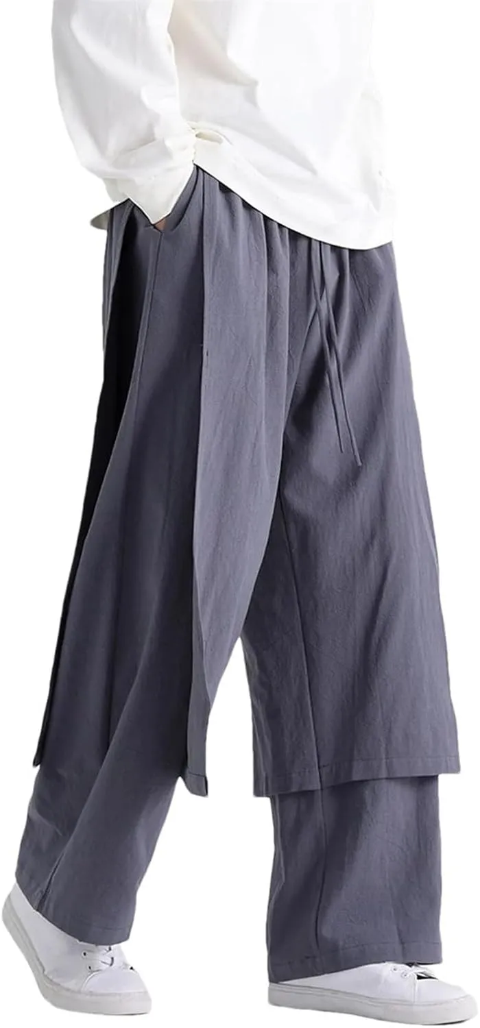 Men's Cotton Linen Drawstring Kung Fu Pants Patchwork Wide Bottom Harem Pants Street Style Culottes