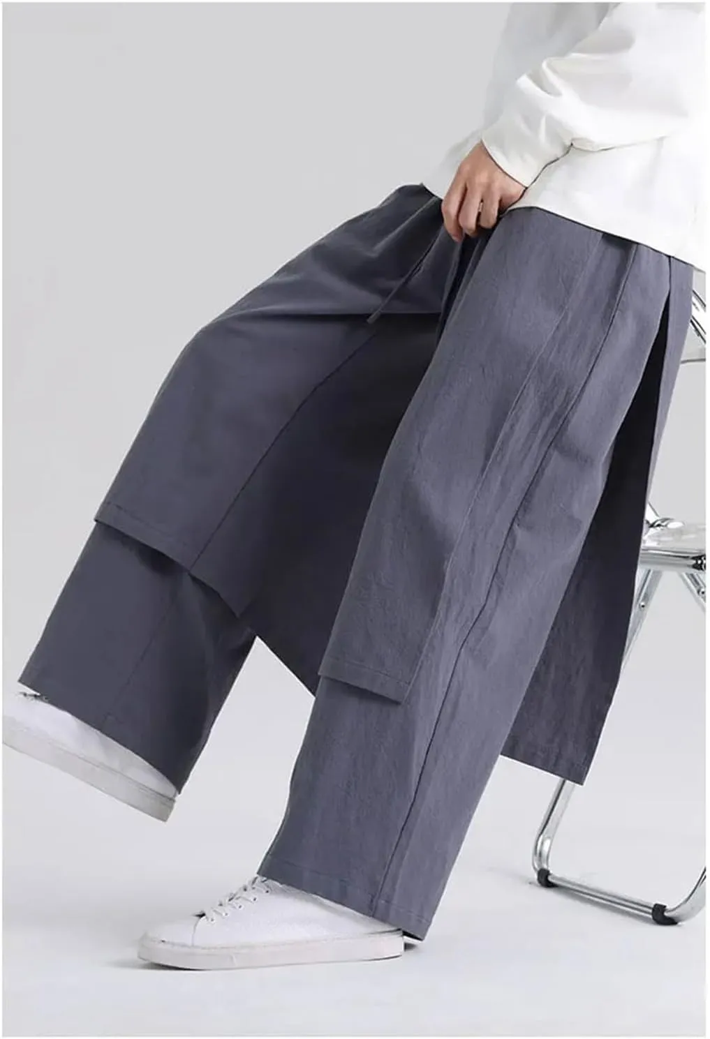 Men's Cotton Linen Drawstring Kung Fu Pants Patchwork Wide Bottom Harem Pants Street Style Culottes