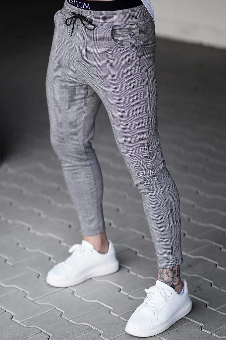Mens Dress Pants Casual Plaid Check Slim Fit Stretch Skinny Suit Pencil Pants Men Sports Pants