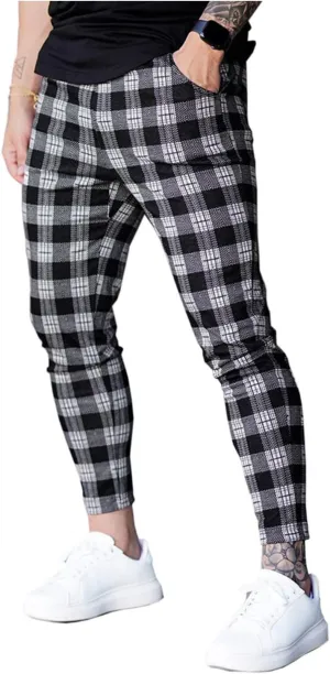 Mens Dress Pants Casual Plaid Check Slim Fit Stretch Skinny Suit Pencil Pants Men Sports Pants