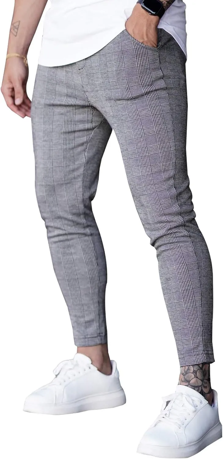 Mens Dress Pants Casual Plaid Check Slim Fit Stretch Skinny Suit Pencil Pants Men Sports Pants
