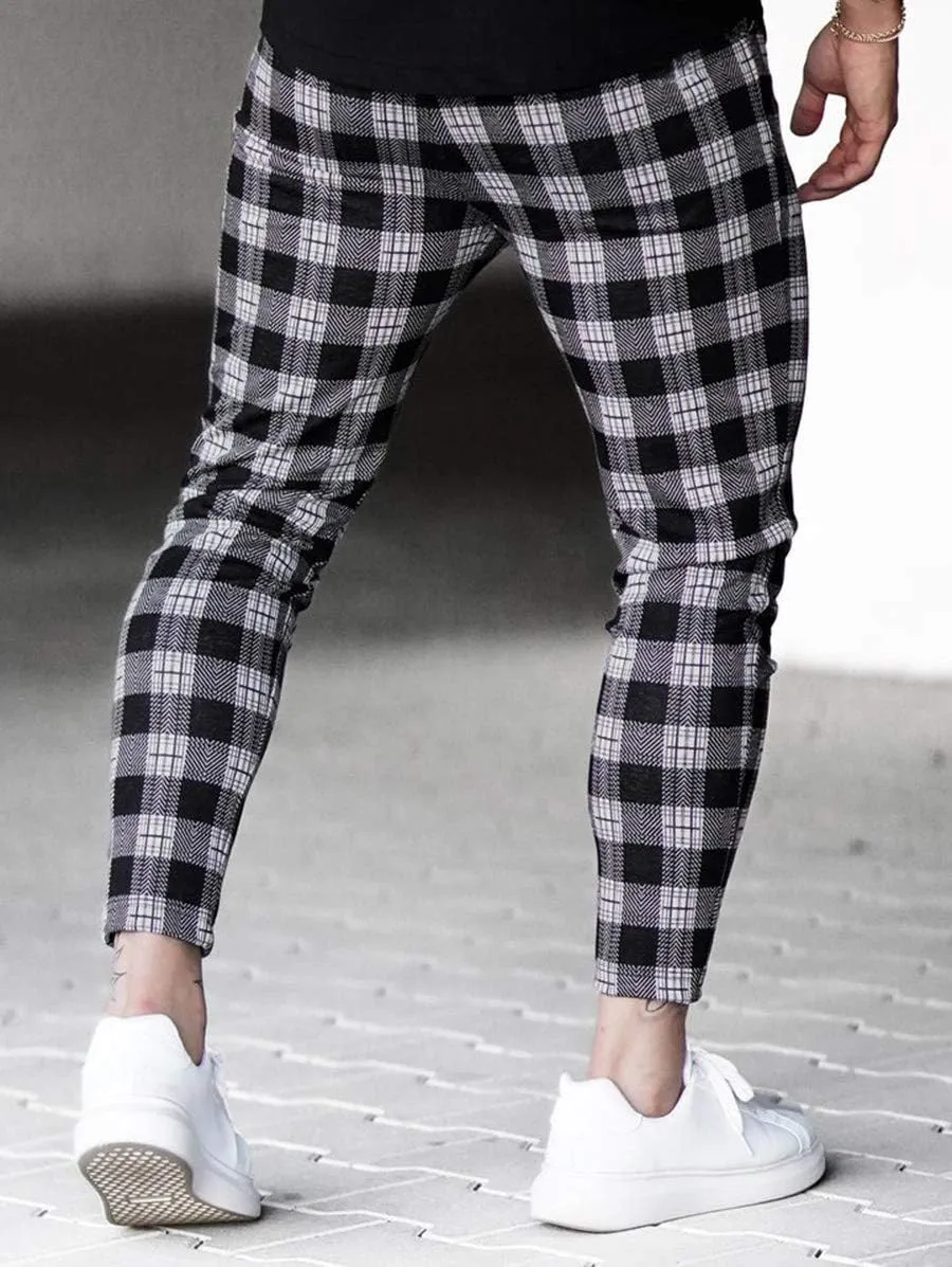 Mens Dress Pants Casual Plaid Check Slim Fit Stretch Skinny Suit Pencil Pants Men Sports Pants