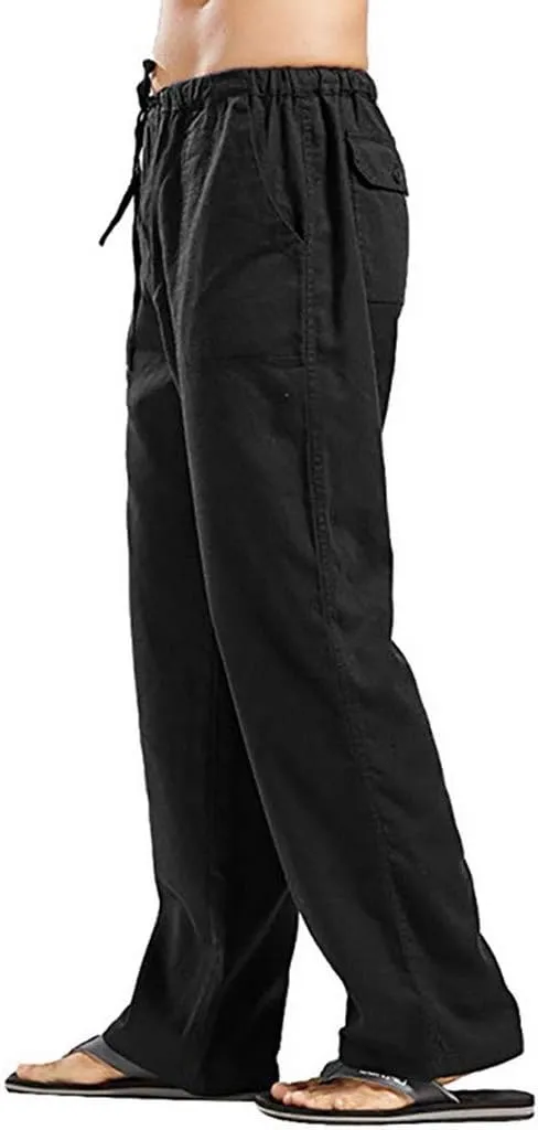 Mens Linen Harem Drawstring Plaid Pants Casual Elastic Waist Lightweight Loose Trouser Hippie Summer Beach Yoga Pant