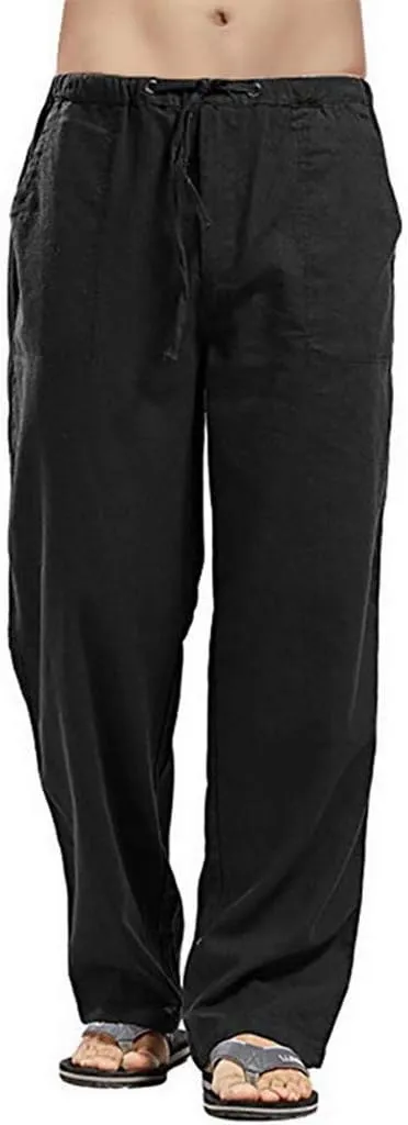 Mens Linen Harem Drawstring Plaid Pants Casual Elastic Waist Lightweight Loose Trouser Hippie Summer Beach Yoga Pant