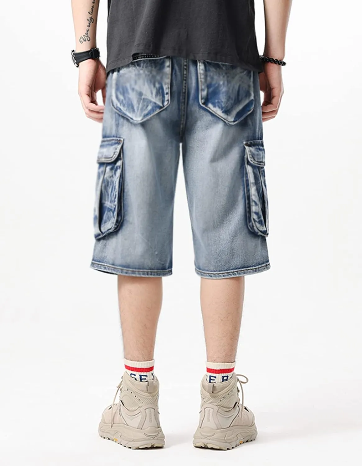 Men's Loose-Fit Ripped Distressed Hip Hop Capri Jeans Baggy Denim Cargo Shorts