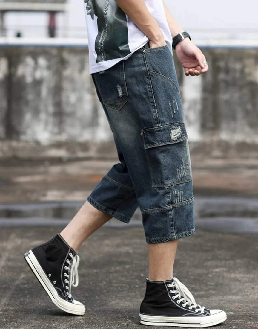 Men's Loose-Fit Ripped Distressed Hip Hop Capri Jeans Baggy Denim Cargo Shorts