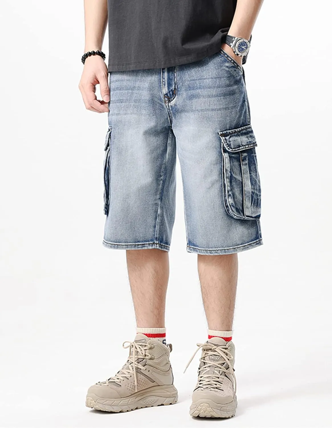 Men's Loose-Fit Ripped Distressed Hip Hop Capri Jeans Baggy Denim Cargo Shorts