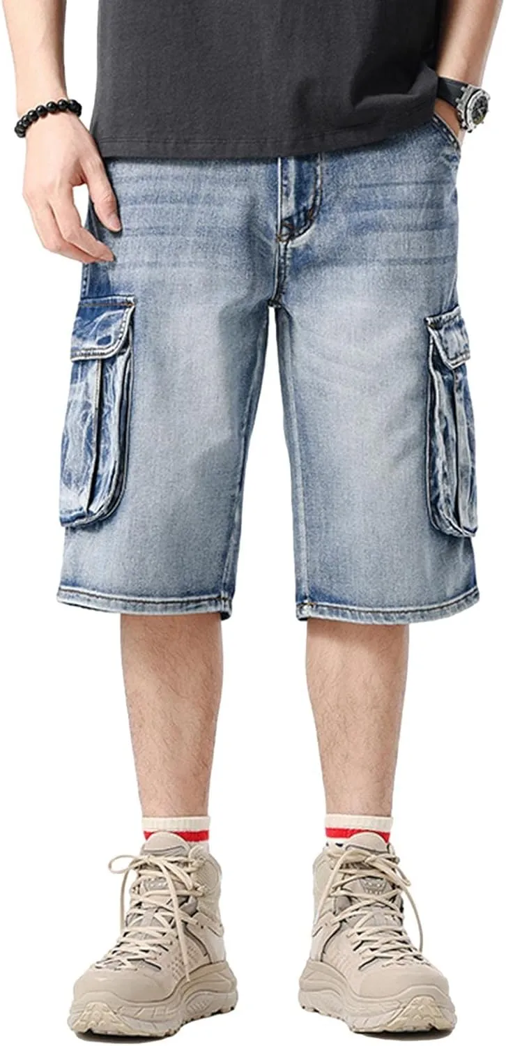 Men's Loose-Fit Ripped Distressed Hip Hop Capri Jeans Baggy Denim Cargo Shorts