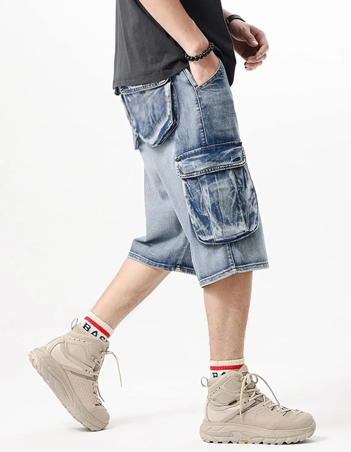 Men's Loose-Fit Ripped Distressed Hip Hop Capri Jeans Baggy Denim Cargo Shorts