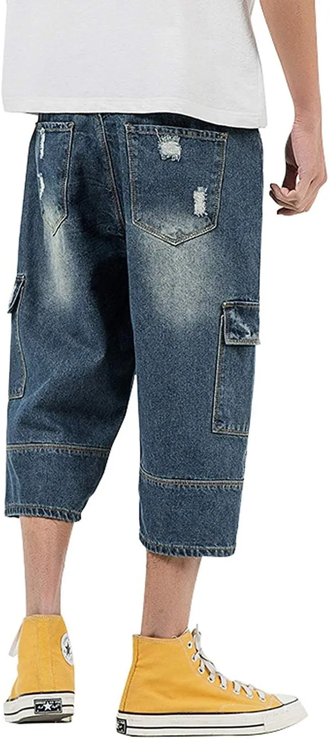 Men's Loose-Fit Ripped Distressed Hip Hop Capri Jeans Baggy Denim Cargo Shorts