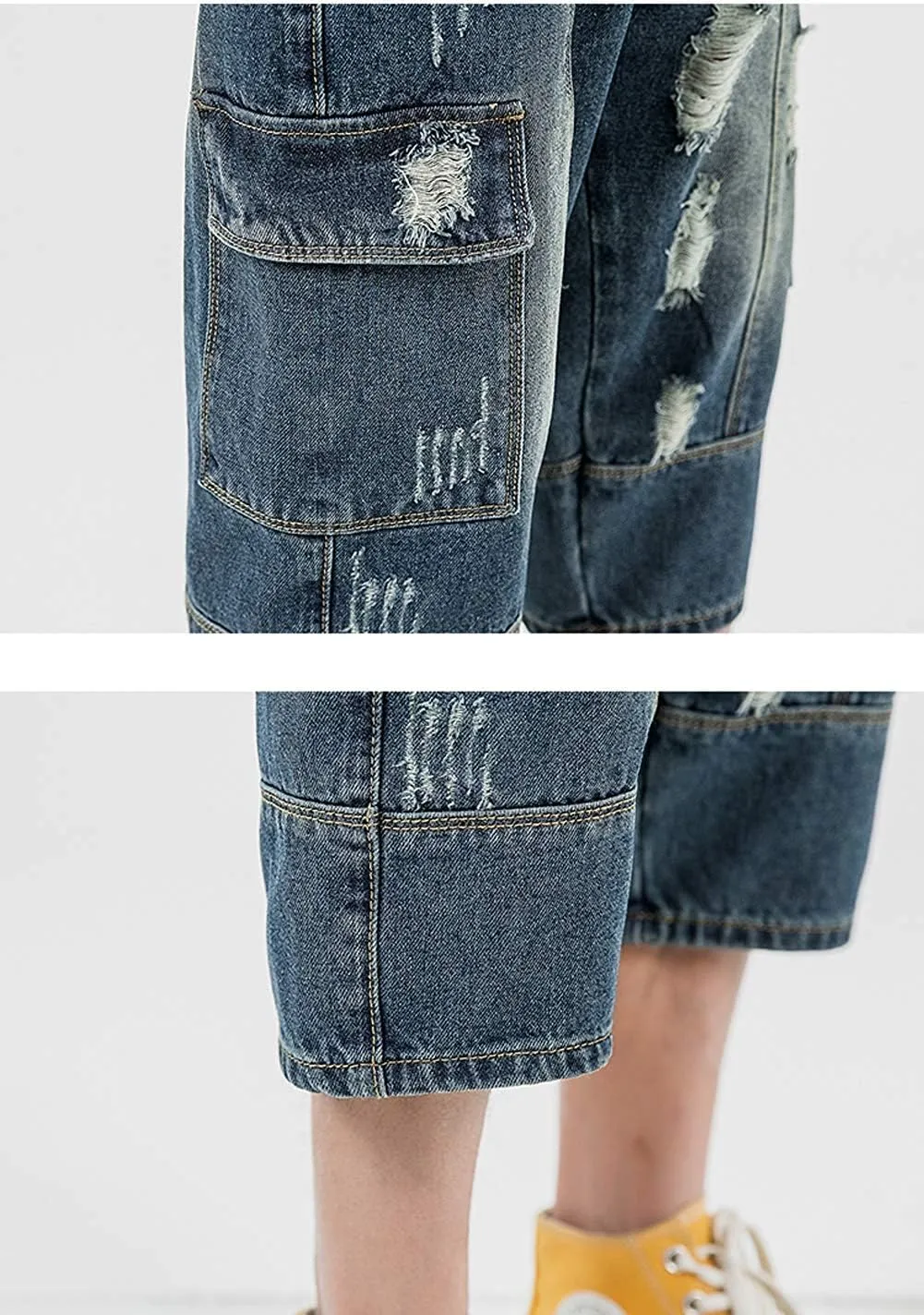 Men's Loose-Fit Ripped Distressed Hip Hop Capri Jeans Baggy Denim Cargo Shorts