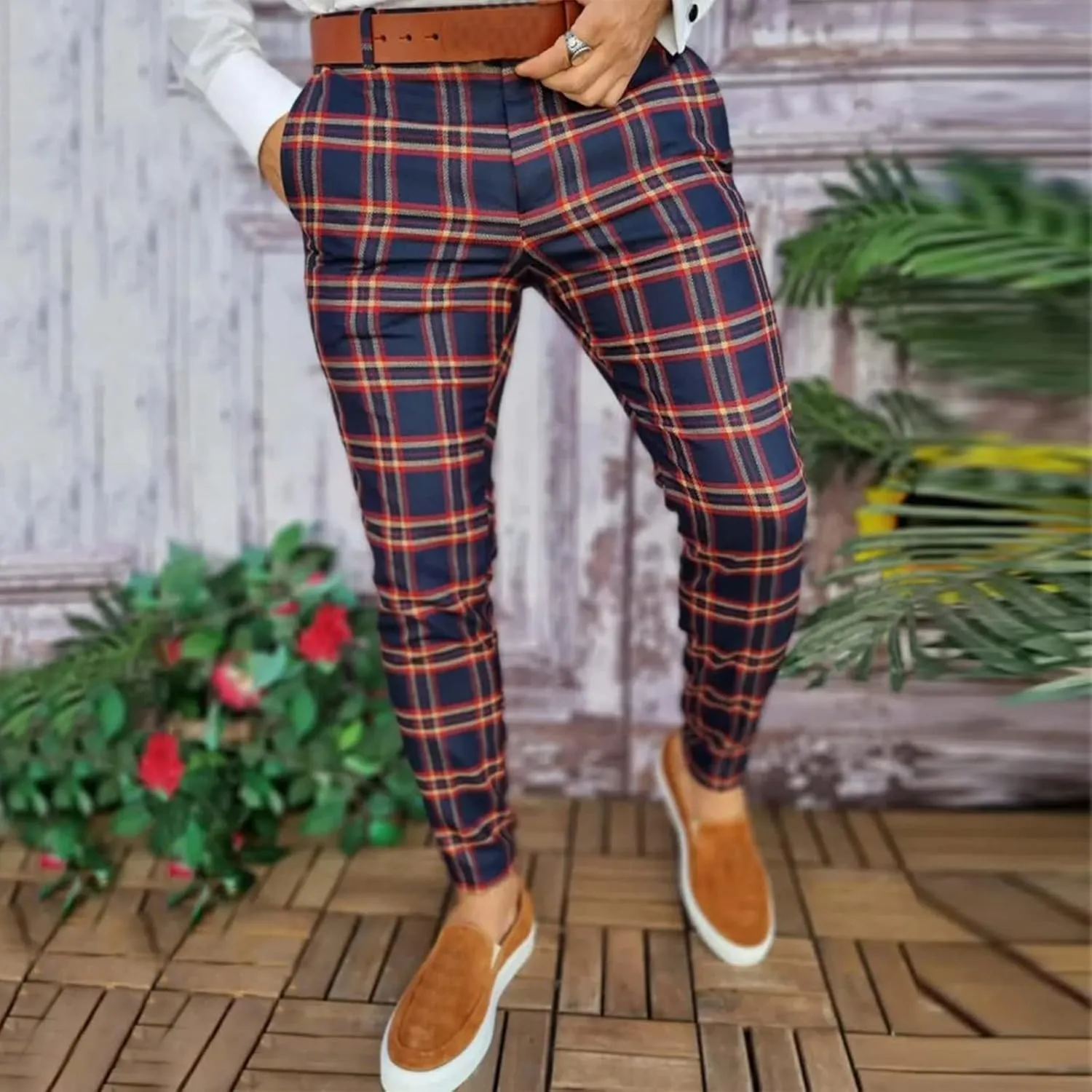 Mens Plaid Suit Pants Chino Flat-Front Stretch Formal Dress Pants 2024 Trendy Casual Business Office Work Commute Pants