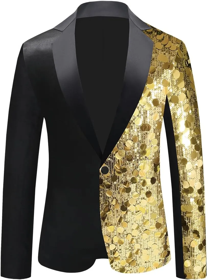 Men's Sequined Blazer for Prom Notched Lapel Single Breasted One Button Unique Design Jacket