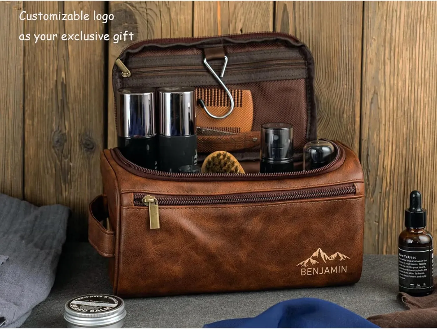 Mens Toiletry Travel Bag, Personalized Large Pu Leather Toiletry Bag, Shaving Kit Bag for Men Travel, Unique Holiday and Birthday Gifts for Men