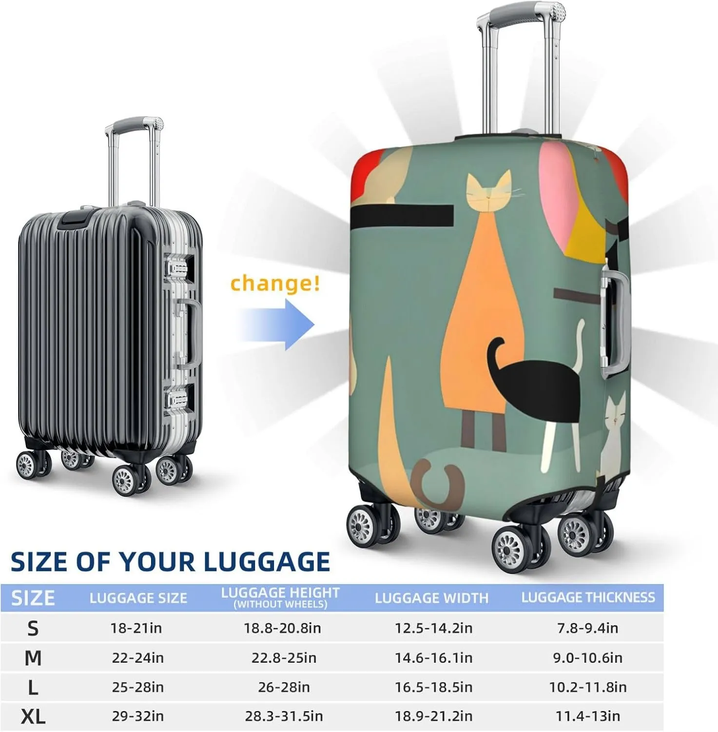 Mid-Century Modern Art Cats Travel Luggage Cover Suitcase Protector Washable Elastic Suitcase Cover Anti-Scratch Luggage Protector Travel Suitcase Baggage Cover Fits 18-32 Inch Suitcase Large