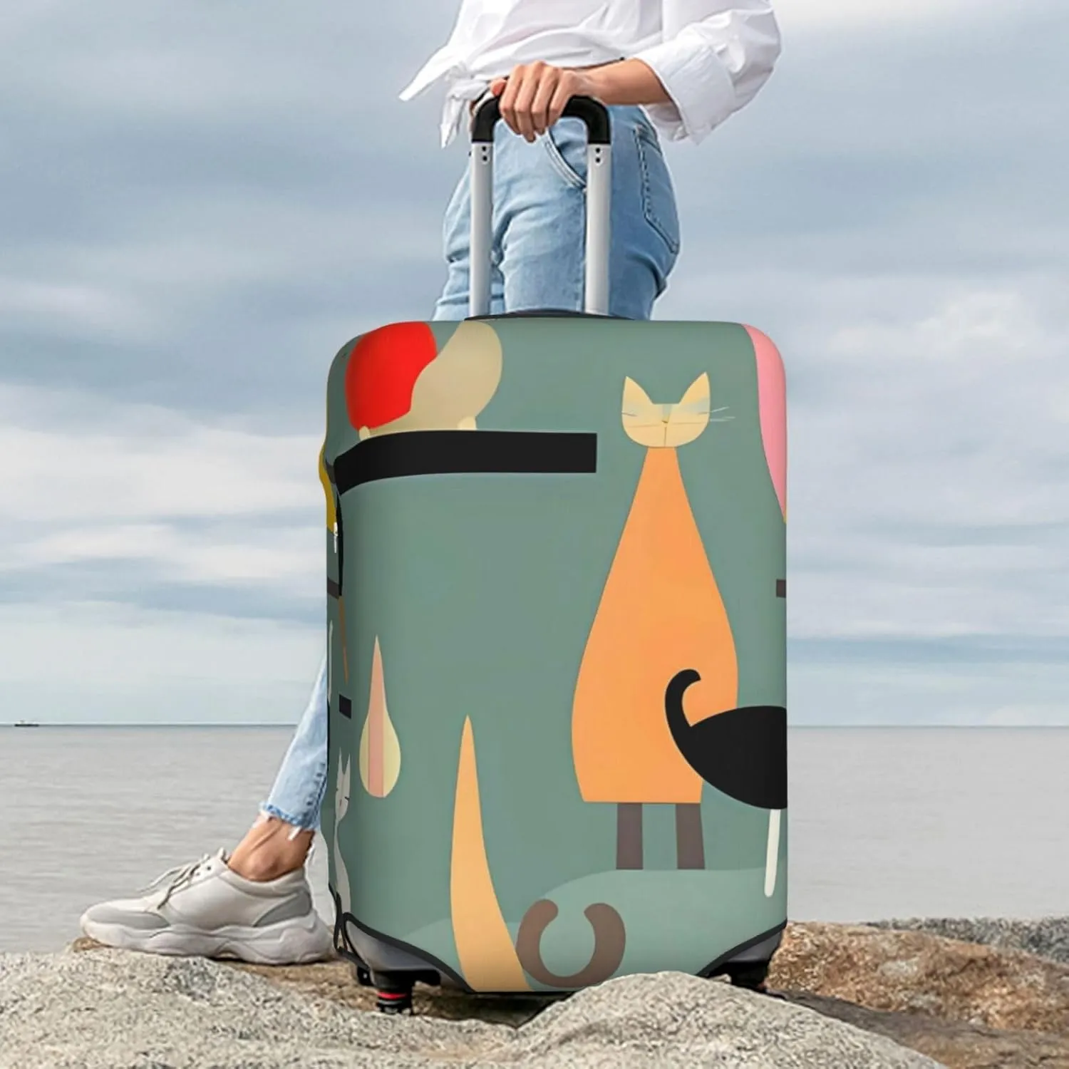Mid-Century Modern Art Cats Travel Luggage Cover Suitcase Protector Washable Elastic Suitcase Cover Anti-Scratch Luggage Protector Travel Suitcase Baggage Cover Fits 18-32 Inch Suitcase Large